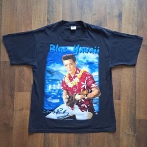 Vintage Elvis‎ Blue Hawaii t-shirt, men's size Large, 1998, black blue red, EUC